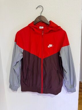 Nike Kids Red/Gray/Brown Hooded Colorblock Rain Jacket